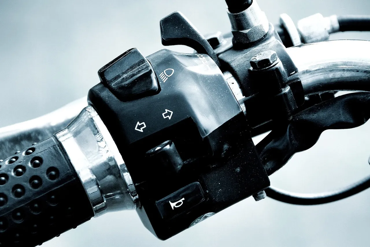 Nahaufnahme des Motorradlenkers mit Schaltern für Licht, Blinker und Hupe.